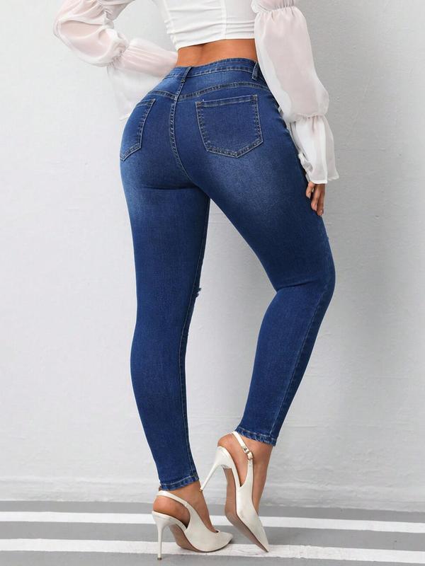 Women's Plain Ripped Button Fly Skinny Jeans, Casual Pocket Design Denim Trousers for Daily Wear, Ladies Bottoms for Fall & Winter